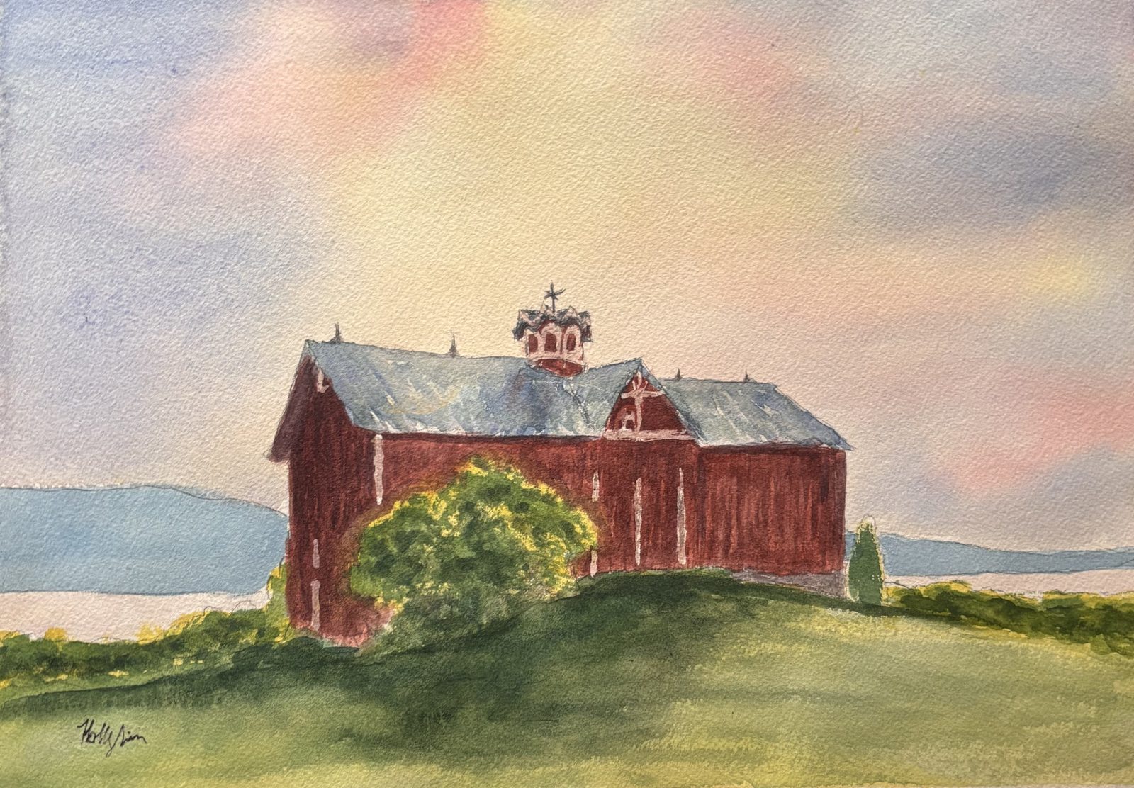 Barn by the Lake at Dusk painting by Holly Lian